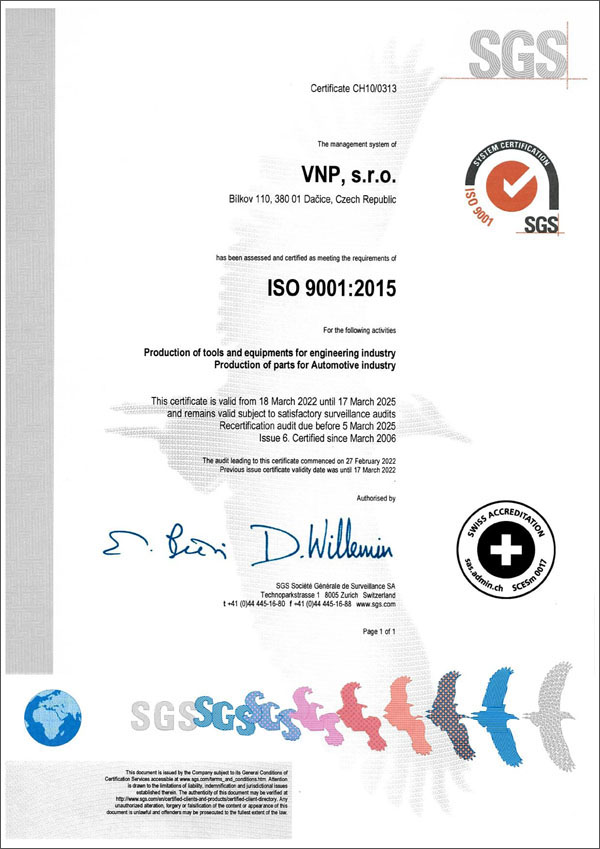 Certificate ISO 9001:2015, VNP, s.r.o.  